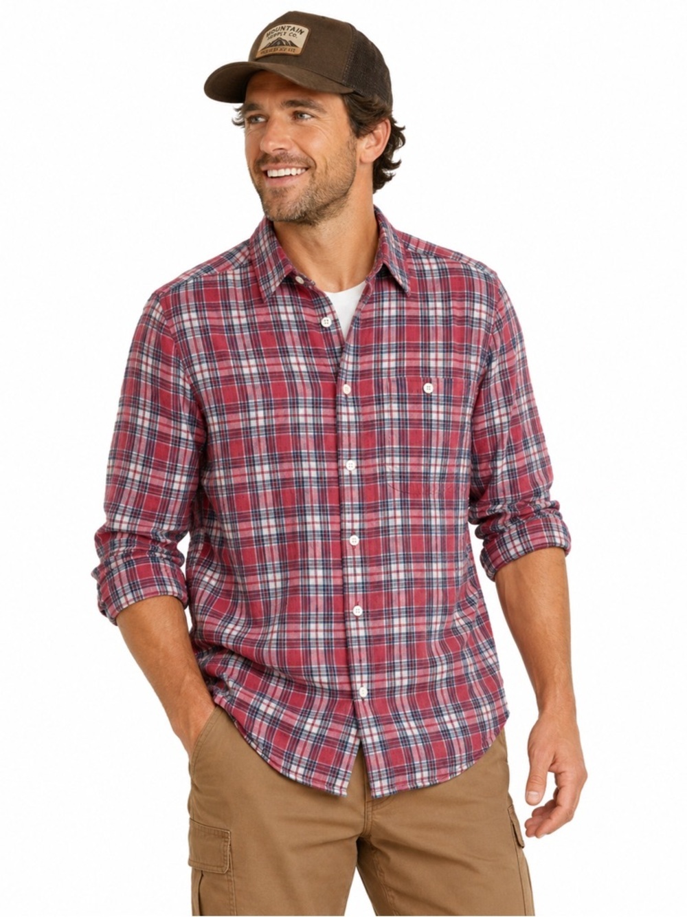 Orvis Men’s Pink Plaid 100% Lined Long Sleeved Roll Up Sleeve Casual Shi…
